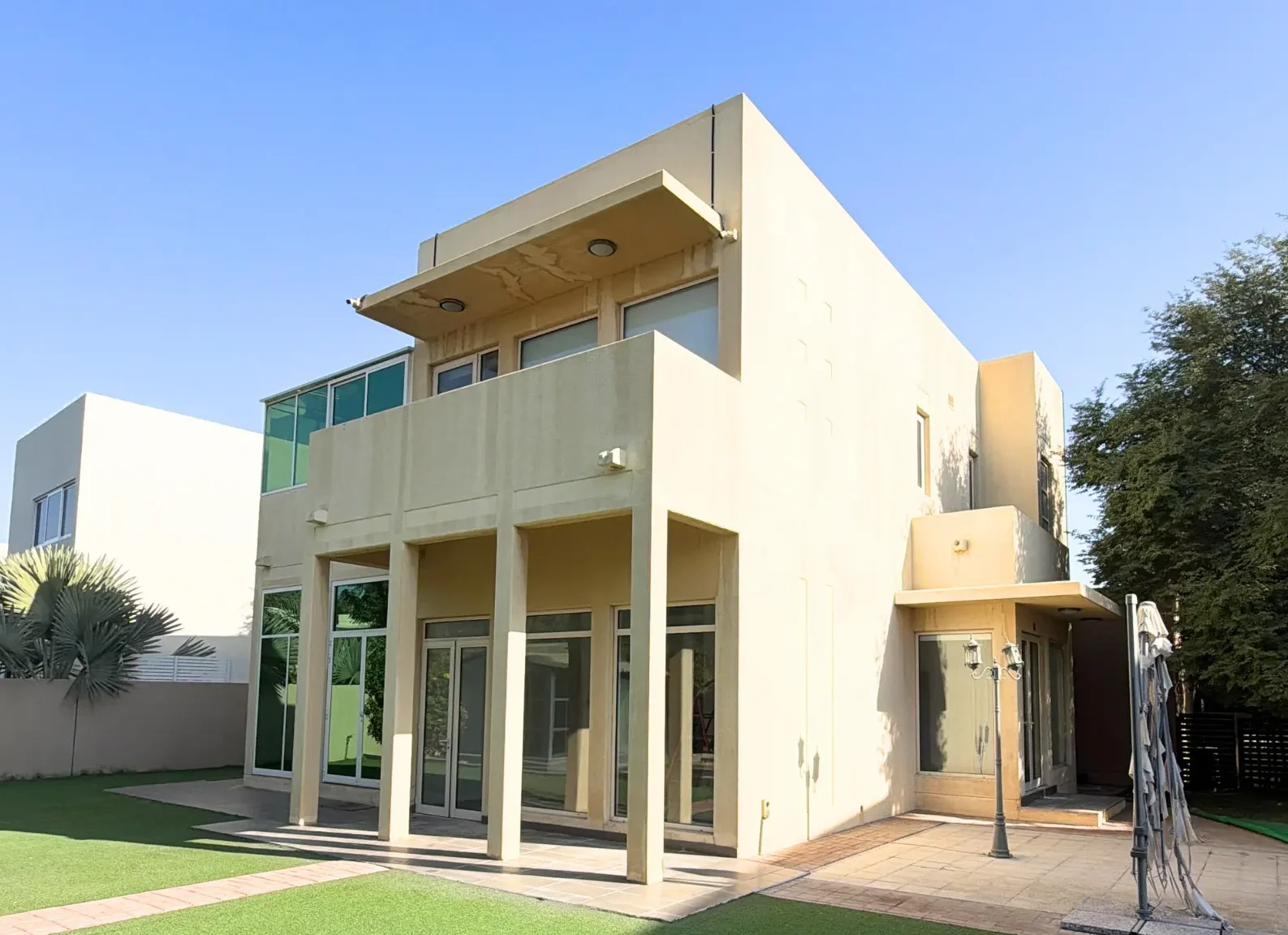 Under construction villa renovation at Saheel 34 Arabian Ranches by BBH Builds showing exterior facade and landscaping area