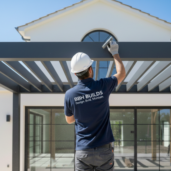 A professional BBH Builds technician in a branded uniform and safety helmet performing precision finishing on a modern grey aluminum pergola frame for a luxury villa.