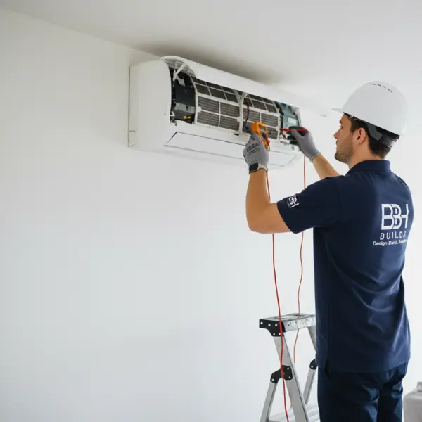 A certified BBH Builds technician on a ladder using a multimeter to perform a diagnostic check on an indoor split AC unit in a Dubai villa.