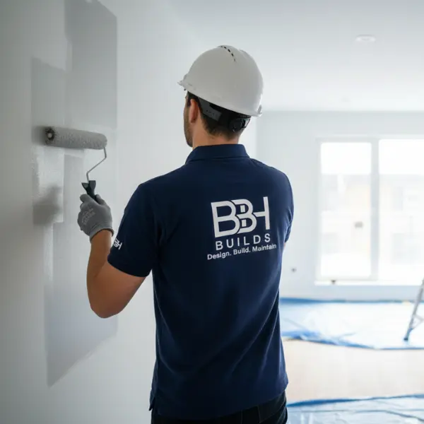 A professional BBH Builds painter in a branded uniform and safety helmet applying premium grey paint to a villa wall using a roller.