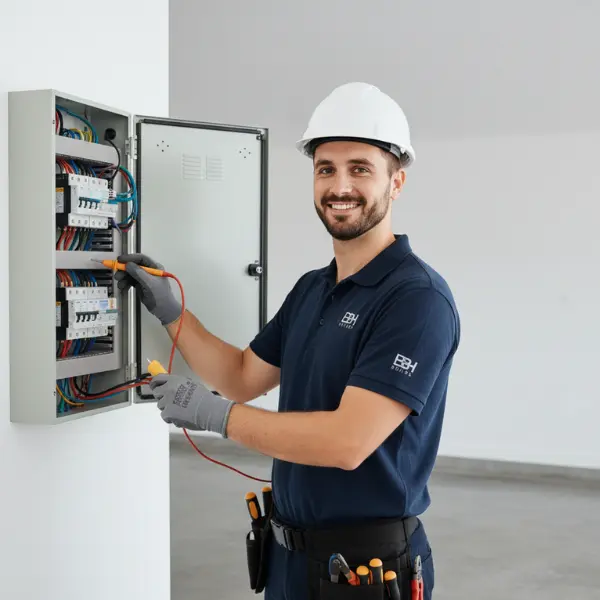 A professional BBH Builds electrician in a hard hat and safety gloves inspecting a residential electrical distribution board (DB) to ensure safe power systems.
