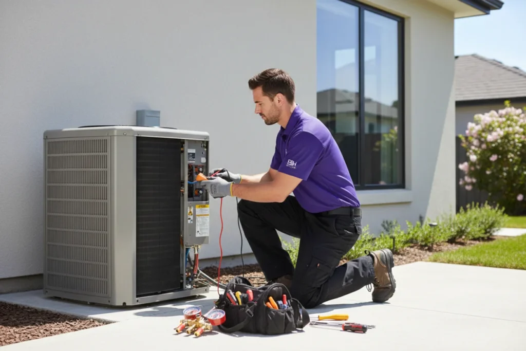Professional AC technicians troubleshooting a damaged external air conditioner unit to prevent internal breakdowns.