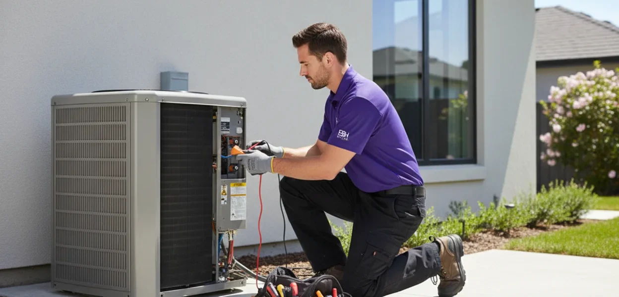 Professional AC technicians troubleshooting a damaged external air conditioner unit to prevent internal breakdowns.
