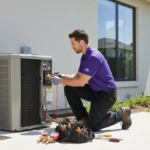 Professional AC technicians troubleshooting a damaged external air conditioner unit to prevent internal breakdowns.