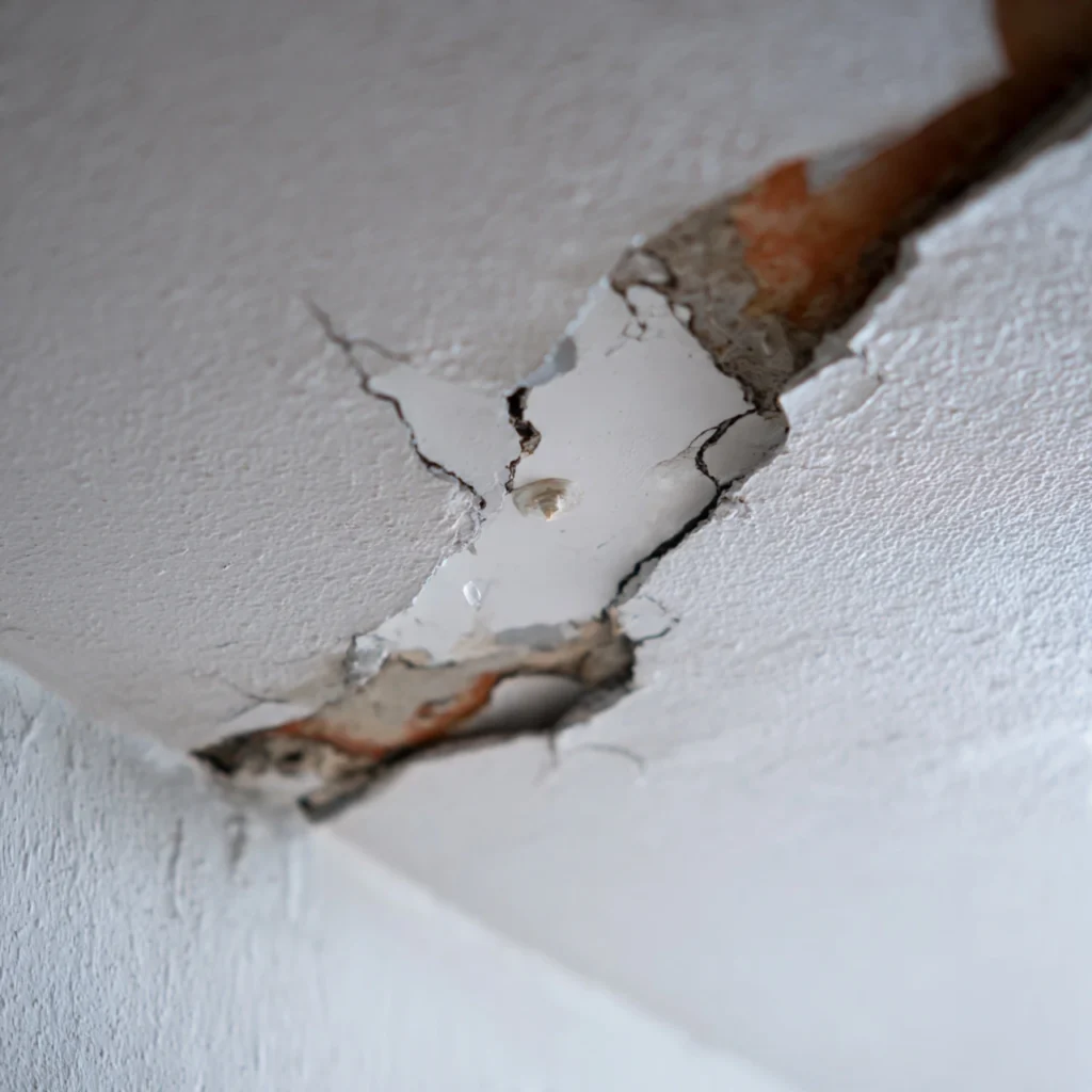 Close-up of severe water leakage damage in a gypsum ceiling of a Dubai villa, showing structural cracks and moisture buildup requiring professional plumbing service.