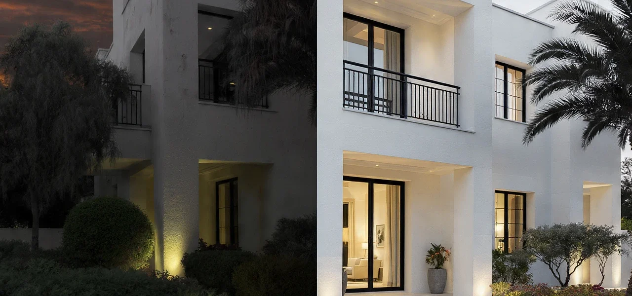Before and after professional villa renovation in Dubai showing a transition from a dated exterior to a modern high-end finish by BBH Builds.