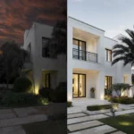 Before and after professional villa renovation in Dubai showing a transition from a dated exterior to a modern high-end finish by BBH Builds.